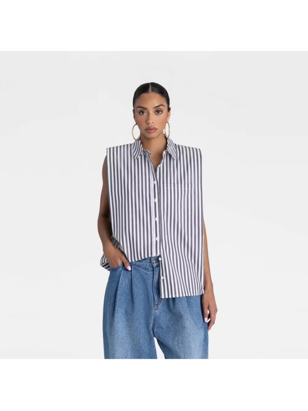 KBB by KAHLANA Women's Sleeveless 'The Shoulder Pad Shirt' - Blue/White Striped